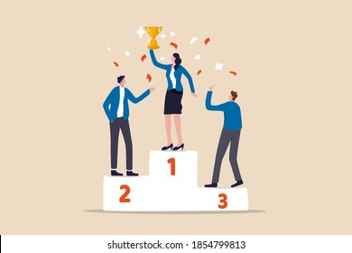 Woman leadership, lady power to lead company or team to win and reach business target concept, confidence smart woman team leader 1st winner with champion cup celebrating success business competition.