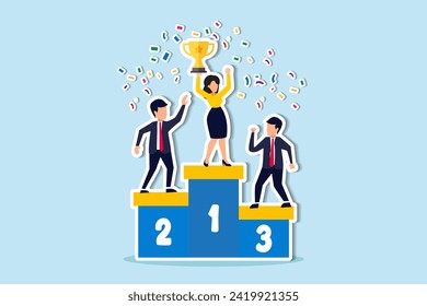 Woman leadership, lady power to lead company or team to win and reach business target concept, confidence smart woman team leader 1st winner with champion cup celebrating success business competition.