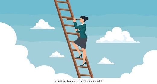 Woman leadership, new diversity world directed by lady leader concept, confidence executive businesswoman company or country leader standing on ladder of success using telescope for future vision.