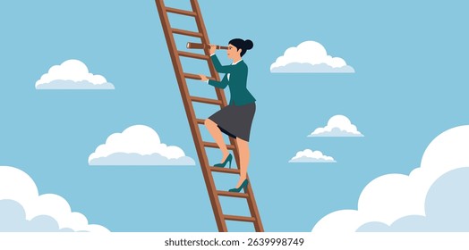 Woman leadership, new diversity world directed by lady leader concept, confidence executive businesswoman company or country leader standing on ladder of success using telescope for future vision.
