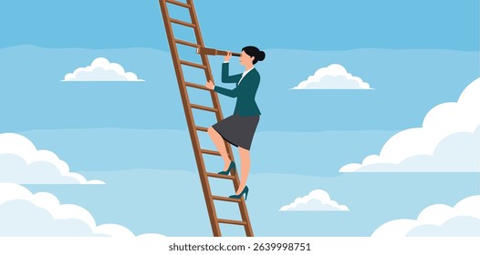 Woman leadership, new diversity world directed by lady leader concept, confidence executive businesswoman company or country leader standing on ladder of success using telescope for future vision.