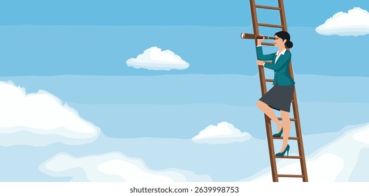 Woman leadership, new diversity world directed by lady leader concept, confidence executive businesswoman company or country leader standing on ladder of success using telescope for future vision.