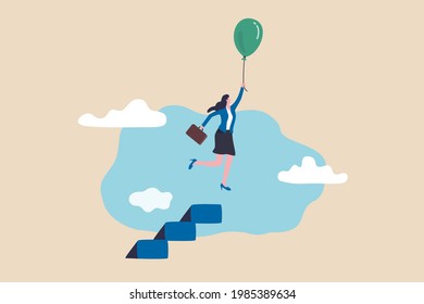 Woman leadership to overcome struggle, female power to break boundary or limitation, freedom and opportunity concept, success businesswoman flying with air balloon from top of ladder or stairway.