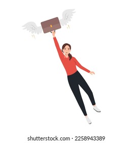 Woman leadership to overcome struggle, female power to break boundary or limitation, freedom and opportunity concept, success businesswoman flying with wings attached on suitcase