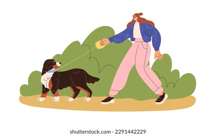 Woman leading cute doggy on leash. Dog walker, pet owner walking with Sennenhunds breed puppy outdoor. Happy girl with canine animal at stroll. Flat vector illustration isolated on white background