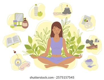 Woman leads a healthy lifestyle, exercises and practices meditation. Self love. Vector self care concept.