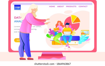A woman leads a video blog talks about how studying is the way to success. Office staff meeting. Application for analysts. Internet shop website layout. Website service for economic data analysis