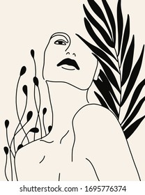 Woman With Leaf Minimal Illustration Line Art Vector Nordic Style