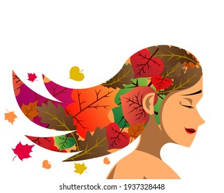 Woman with leafy hair in autumn. Leaves in the autumn. Art of woman. Vector illustration. EPS 10