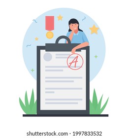 Woman lean on paper test result with A