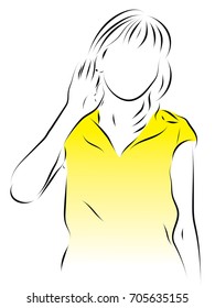 The woman leaned her hand to her ear. The woman listens. Color vector illustration. Hand gestures