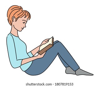 Woman is leaning against the wall and reading book. Isolated on white background. Black outline. Vector illustration.