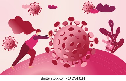 Woman Is Leaning On The Coronavirus And Pushing It Away. Fight Covid-19 Concept Illustration. Stay Safe And Be Careful In Pandemic Time. Abstract Pink Vector.
