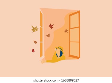 woman leaning on window in autumn