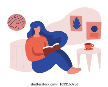 Woman Learn from home concept, Girl reading a book, self isolation. Vector illustration