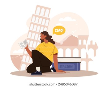 Woman learn italian language. Young girl sits with book in hand against background of Leaning Tower of Pisa. Education and learning. Tourist preparing for trip to Italy. Flat vector illustration