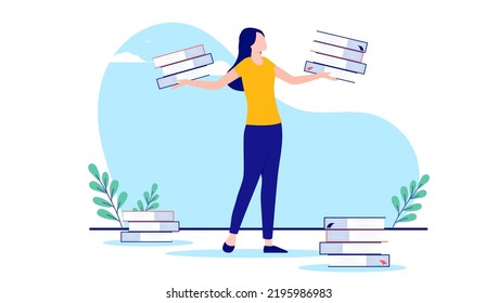 Woman learning from books - Female person standing holding book in hand ready to read them all. Flat design vector illustration with white background