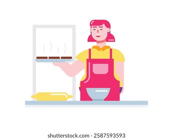 Woman learning to cook, baking cookies in the kitchen. Design character. Vector flat illustration