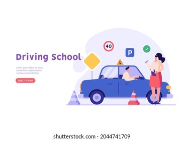 Mujer aprendiendo a conducir un auto en curso de conducir. Práctica escolar automática. Concepto de escuela de conducción, licencia de conducir, examen de conducción o examen. Ilustración vectorial en diseño plano para banner web, aplicación móvil