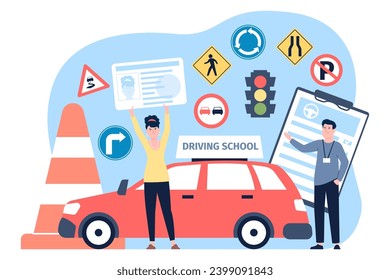 Woman learning at driving school and taking driver license. Education in auto school, study signs and rules and examination. Flat recent vector illustration