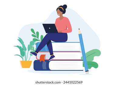 Woman learning and education - Female student sitting on stack of books using laptop computer studying online while smiling and being happy. School work and knowledge concept in flat design vector