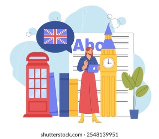 Woman learning English. Young girl near Big Ben, telephone and stack of books. Education and training. Tourist and traveler prepare for travel. Flat vector illustration isolated on white background