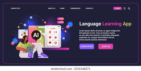 woman learning foreign language in computer app with ai helper bot education concept horizontal