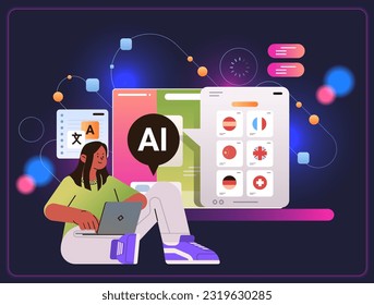 woman learning foreign language in computer app with ai helper bot education concept