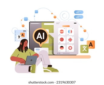 woman learning foreign language in computer app with ai helper bot education concept