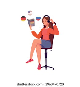 Woman learning foreign languages with book and headphones flat vector illustration