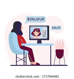 Woman is learning French at home. Digital course. Online education. Online language courses. Language practice. Lettering SALUT, BONJOUR. Vector illustration. Flat. 