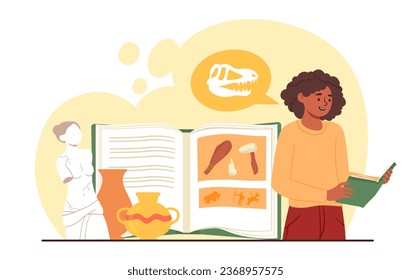 La mujer aprende el concepto de historia. Jovencita con un libro con huesos de dinosaurio. Arqueólogo cerca de la estatua de mármol y platos de cerámica. Historia y cultura de pueblos antiguos. Dibujo vectorial plano de dibujos animados