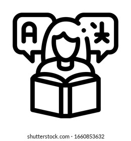 Woman Learning Language Icon Thin Line Vector. Girl With Dictionary Reading Book For Study Foreign Language Concept Linear Pictogram. Black And White Outline Sign Isolated Contour Symbol Illustration