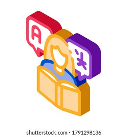 Woman Learning Language Icon Vector. Isometric Girl With Dictionary Reading Book For Study Foreign Language sign. color isolated symbol illustration