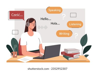 Woman learning languages concept. Young girl with laptop and books. Distance education and training. Speaking, writing and listening. Knowledge and information. Cartoon flat vector illustration