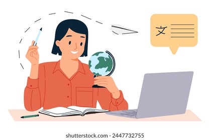 Woman learning languages concept. Young girl with laptop and books. Distance education and training. Speaking, writing and listening. Knowledge and information. Cartoon flat vector illustratio