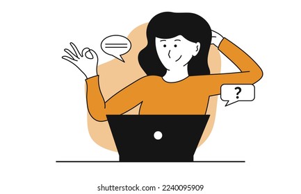 Woman learning online vector concept illustration. Internet education on computer technology and distance course communication. Web school and character study on laptop. Female teaching and discussion