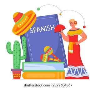 Mujer aprendiendo el concepto español. Muchacha con ropa tradicional con fanático de mano cerca del libro. Estudiar y entrenar, educación. Dibujo vectorial plano de dibujos animados aislado en fondo blanco