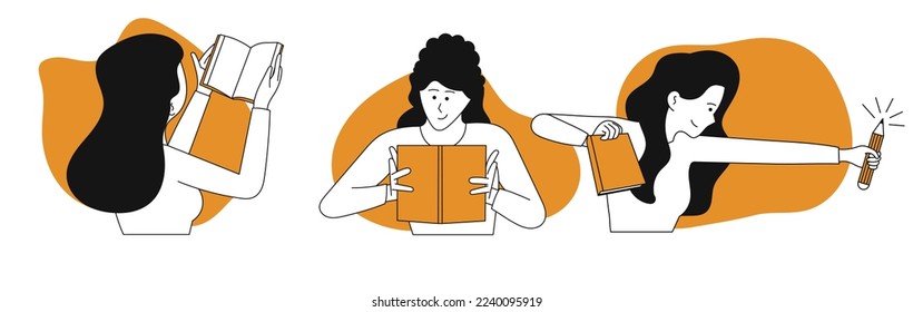 Woman learning vector concept illustration. Online education and student study. Character and internet knowledge. Studying on book and female training. Course information and lesson on textbook