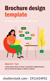 Woman learning web design. Girl with laptop, stack of books flat vector illustration. Programming, education, online course concept for banner, website design or landing web page