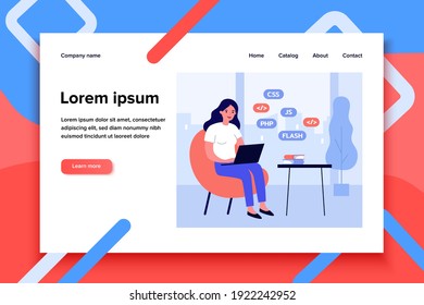 Woman learning web design. Girl with laptop, stack of books flat vector illustration. Programming, education, online course concept for banner, website design or landing web page