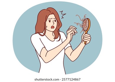 Woman learns about problem of hair loss sees comb and opens mouth in surprise. Shocked girl needs remedy for hair loss or consultation with cosmetologist who recommended shampoo for head