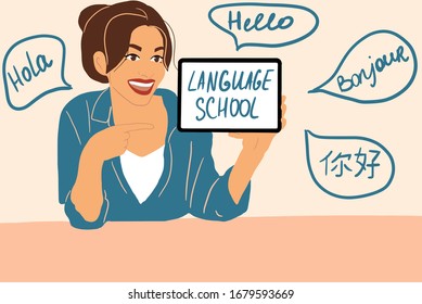 Woman learns foreign languages online using mobile device. Vector illustration with greetings inscriptions in different languages on the background