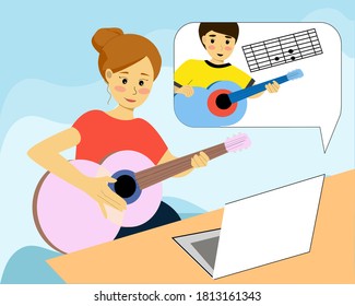 Woman learns to play the guitar with a teacher online. Guitar lesson by video.Vector flat illustration