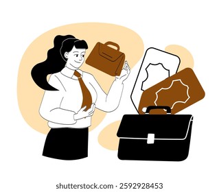 Woman with leather bag. Young girl with briefcases. Casual or formal bags. Fashion, trend and style. Purse and wallet. Consumer and customer. Linear vector illustration