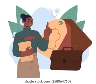 Woman with leather goods. Young girl near briefcase and tags. Clothes and boots production. Footwear and shoes, clothes. Merchandise and retail. Flat vector illustration