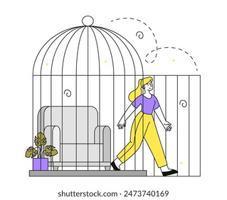 Woman leave comfort zone. Young girl leaves cage. Mental health and psychological freedom. Inner peace and tranquility. Slave of home. Linear flat vector illustration isolated on white background