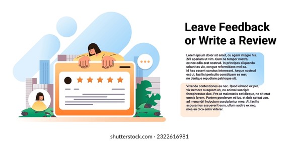 woman leave feedback or write review on digital screen people leaving online reviews about purchase product