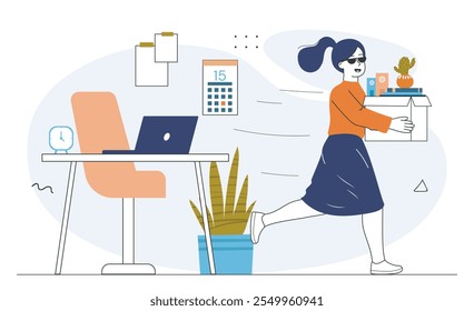 Woman leave office. Young girl with box of things leaves office. Rest and vacation, holiday. Free worker or employee. End of work day. Linear vector illustration isolated on white background