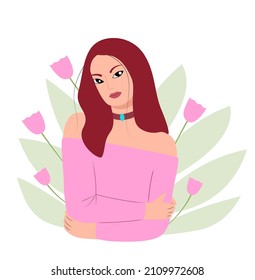 Woman with leaves and flowers at the background. Vector illustration.